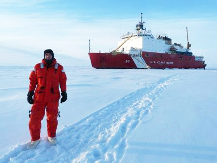 Marsay at the North Pole in front of the U.S. Coast Guard Cutter Healy. 